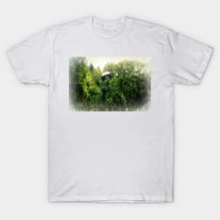 Great Blue Heron Flying Past the Trees Above Trojan Pond T-Shirt